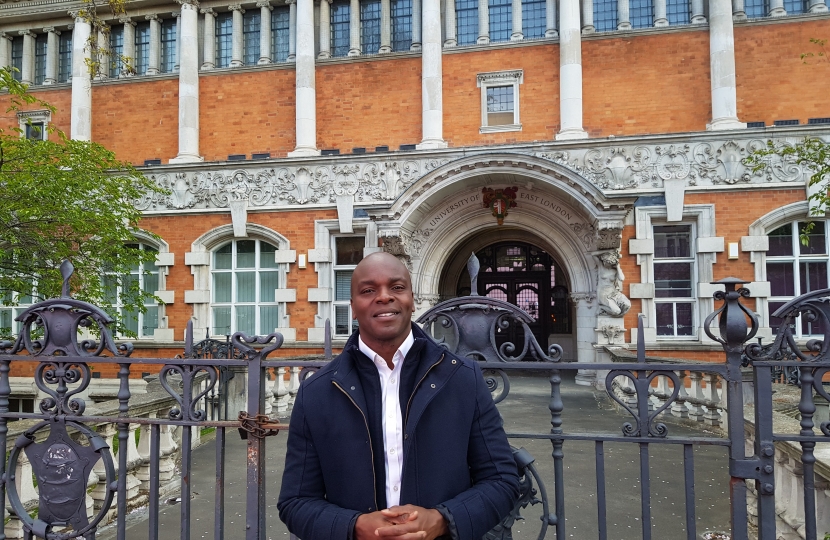 Shaun Bailey outside the University of East London, Stratford campus
