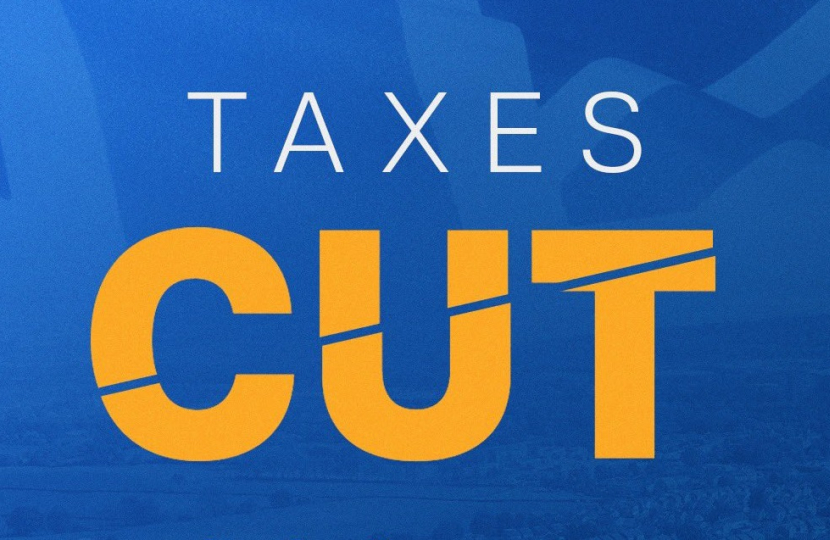 The words Taxes Cut with the latter cut through